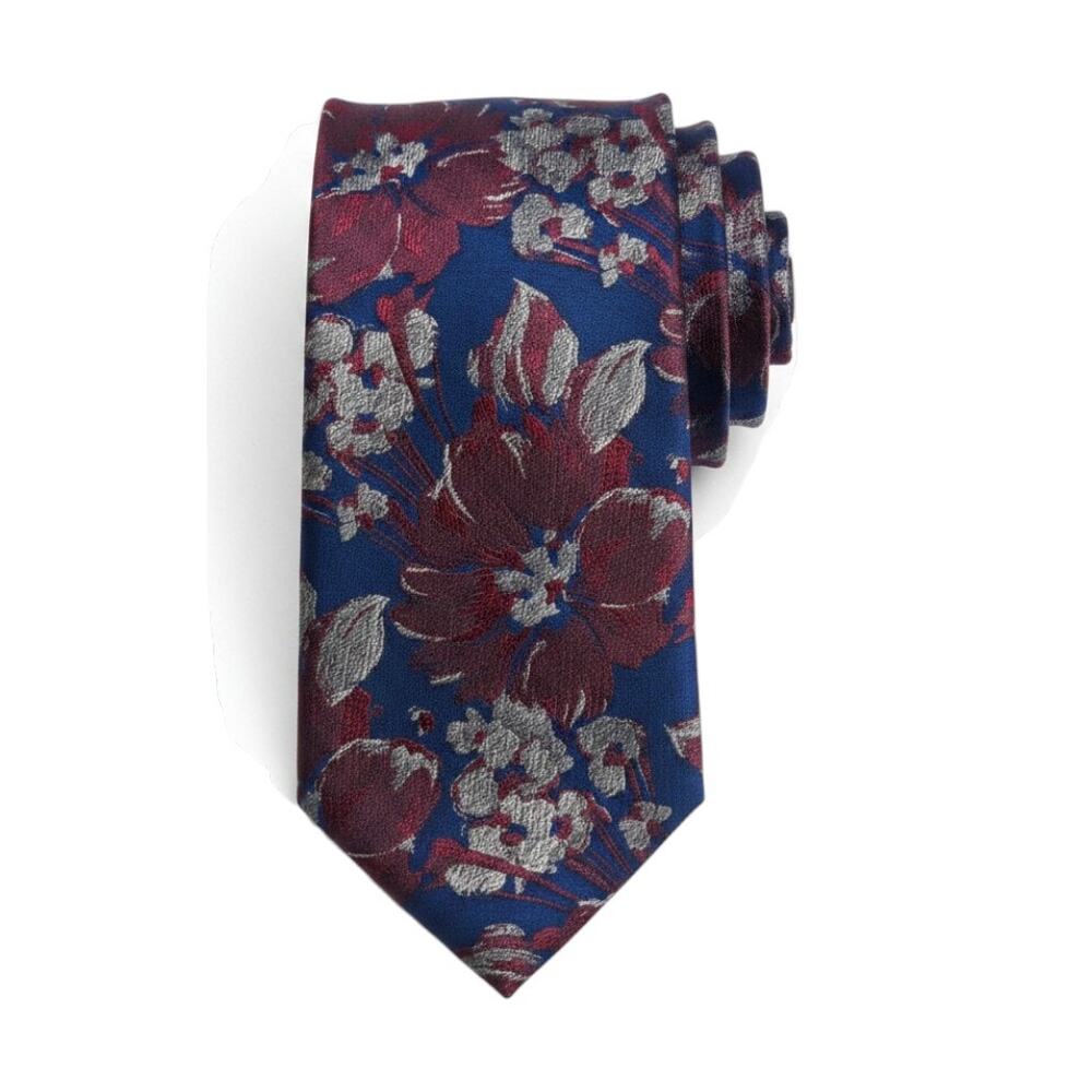 80s Vintage Red Navy Floral Textured Retro Design Studios Neck Tie 3.75 x 59